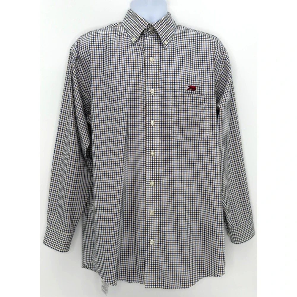 Perlis 1939 Mens M Button Down Shirt Blue Plaid Crawfish Classic Fit Cotton